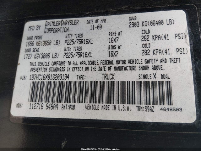 Aukcja sprzedaży 2001 Dodge Ram 1500 St/ws, vin: 1B7HC16X81S203194, numer aukcji: 45707478