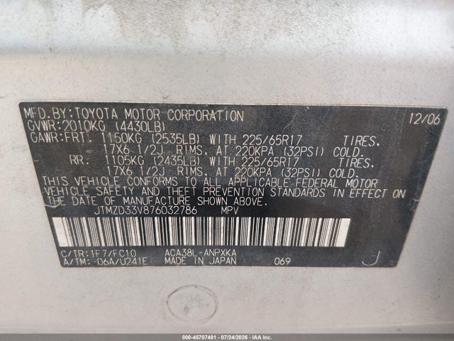 Продажа на аукционе авто 2007 Toyota Rav4, vin: JTMZD33V876032786, номер лота: 45707481