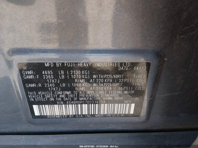 45707492 :رقم المزاد ، 4S4BRDPC7D2316359 vin ، 2013 Subaru Outback 3.6r Limited مزاد بيع