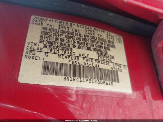 Продаж на аукціоні авто 2012 Nissan Versa 1.8 S, vin: 3N1BC1CP2CK808610, номер лоту: 45707493