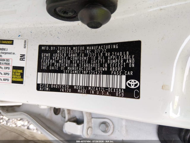 Продажа на аукционе авто 2022 Toyota Corolla Se, vin: 5YFS4MCE1NP125422, номер лота: 45707494