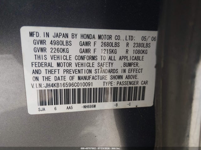 45707502 :رقم المزاد ، JH4KB16596C010091 vin ، 2006 Acura Rl 3.5 مزاد بيع