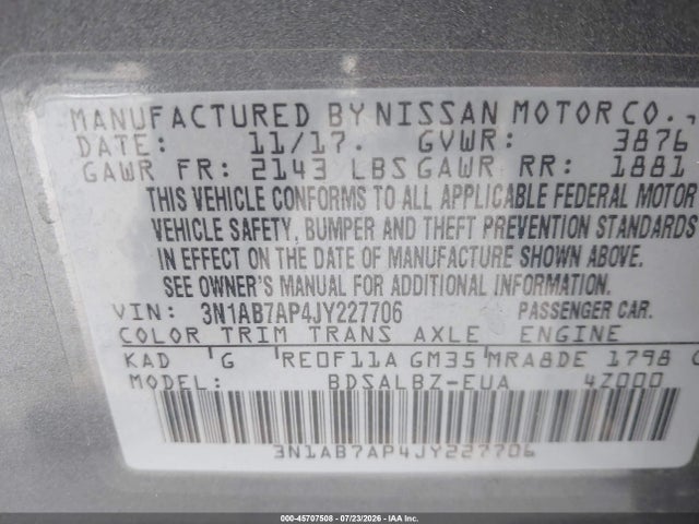 Nissan SENTRA S 2018 3N1AB7AP4JY227706 Image 9