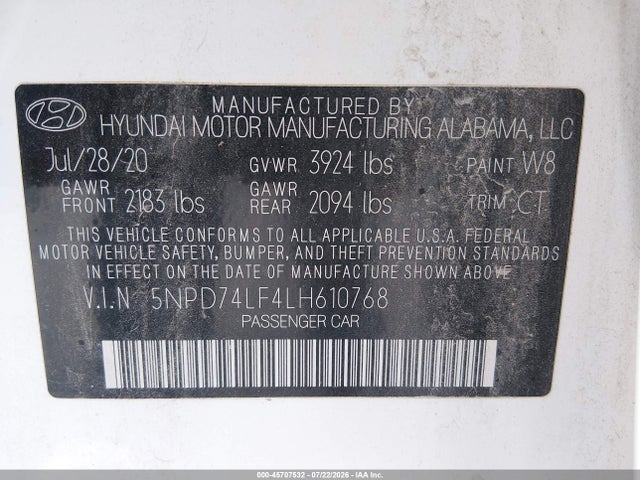 45707532 :رقم المزاد ، 5NPD74LF4LH610768 vin ، 2020 Hyundai Elantra Se مزاد بيع