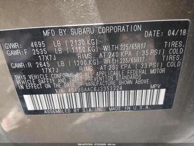2018 Subaru Outback 2.5i მანქანა იყიდება აუქციონზე, vin: 4S4BSAAC6J3353324, აუქციონის ნომერი: 45707536