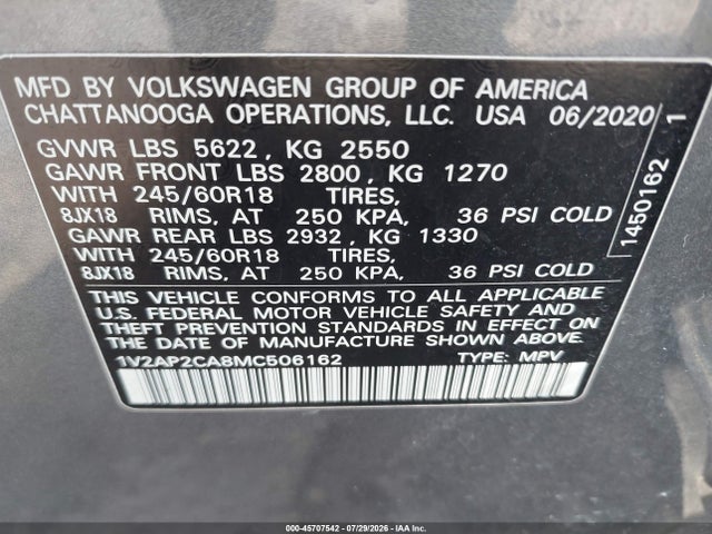 2021 Volkswagen Atlas 2.0t S მანქანა იყიდება აუქციონზე, vin: 1V2AP2CA8MC506162, აუქციონის ნომერი: 45707542