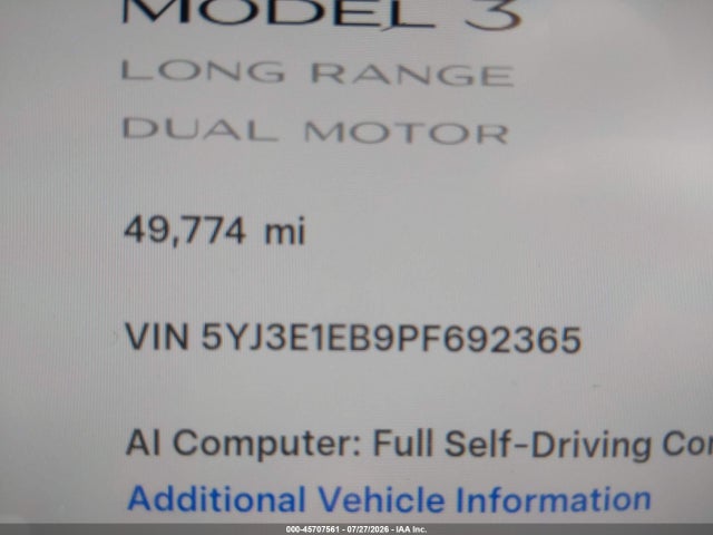 Aukcja sprzedaży 2023 Tesla Model 3 Long Range Dual Motor All-wheel Drive, vin: 5YJ3E1EB9PF692365, numer aukcji: 45707561
