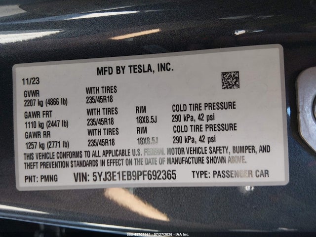 Aukcja sprzedaży 2023 Tesla Model 3 Long Range Dual Motor All-wheel Drive, vin: 5YJ3E1EB9PF692365, numer aukcji: 45707561