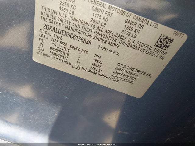 2012 Gmc Terrain Slt-1 მანქანა იყიდება აუქციონზე, vin: 2GKALUEK5C6156838, აუქციონის ნომერი: 45707576