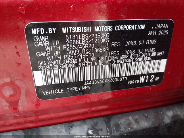 Продажа на аукционе авто 2025 Mitsubishi Outlander Se 2.5 2wd, vin: JA4J3VA8XSZ035070, номер лота: 45707582