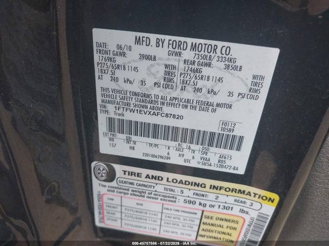 Aukcja sprzedaży 2010 Ford F-150 Fx4/harley-davidson/king Ranch/lariat/platinum/xl/xlt, vin: 1FTFW1EVXAFC87820, numer aukcji: 45707586