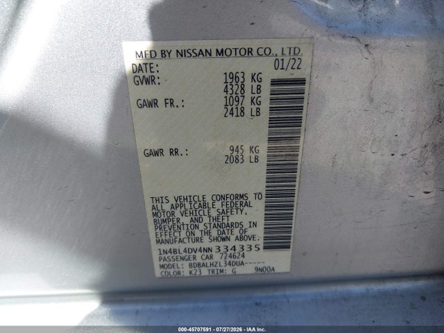 Продажа на аукционе авто 2022 Nissan Altima Sv Fwd, vin: 1N4BL4DV4NN334335, номер лота: 45707591