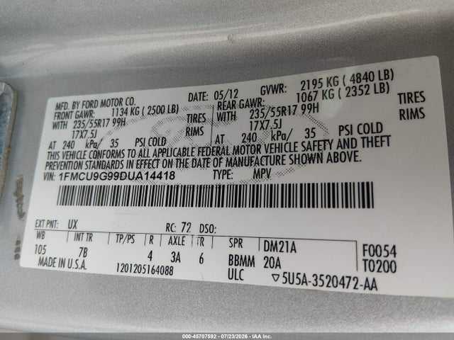 Продажа на аукционе авто 2013 Ford Escape Se, vin: 1FMCU9G99DUA14418, номер лота: 45707592
