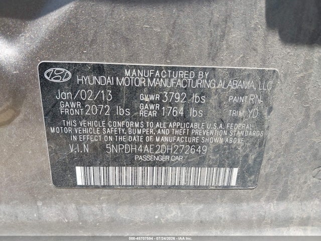 2013 Hyundai Elantra Gls მანქანა იყიდება აუქციონზე, vin: 5NPDH4AE2DH272649, აუქციონის ნომერი: 45707594