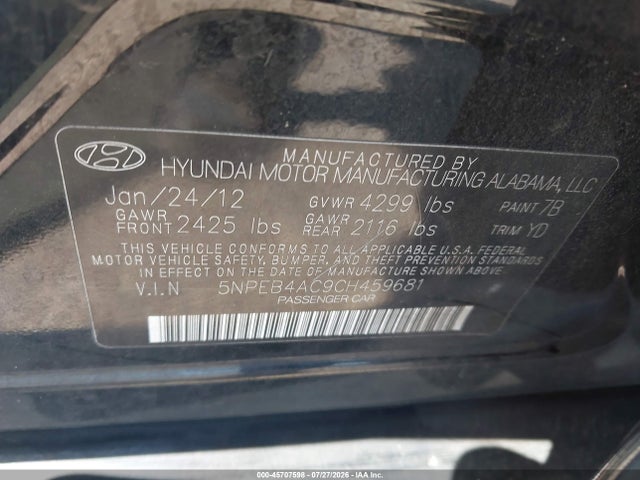 45707598 :رقم المزاد ، 5NPEB4AC9CH459681 vin ، 2012 Hyundai Sonata Gls مزاد بيع