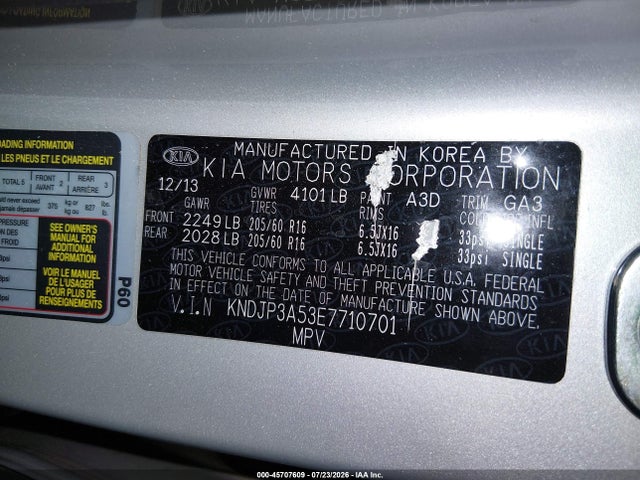 KIA SOUL + 2014 KNDJP3A53E7710701 Image 9