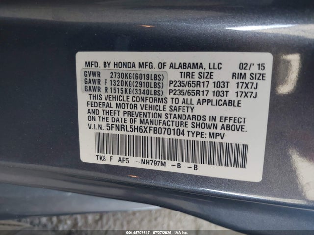 Honda Odyssey Ex-l 2015 5FNRL5H6XFB070104 Image 9