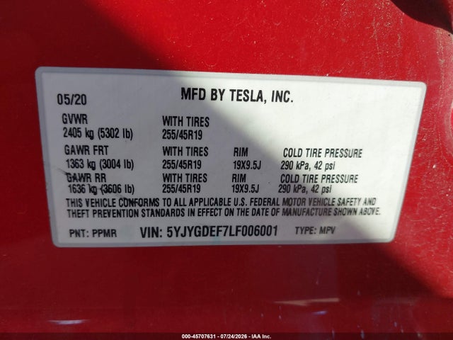 5YJYGDEF7LF006001 Tesla Model Y Long Range Dual Motor All-wheel Drive/performance Dual Motor All-wheel Drive