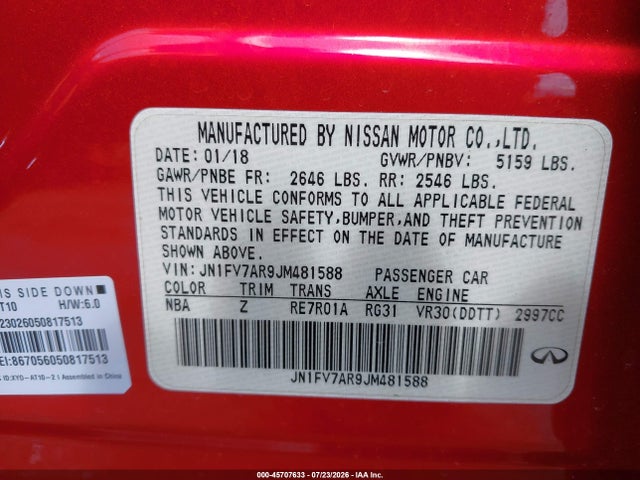 Aukcja sprzedaży 2018 Infiniti Q50 3.0t Red Sport 400, vin: JN1FV7AR9JM481588, numer aukcji: 45707633