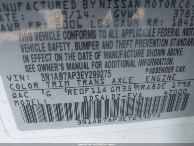 Продаж на аукціоні авто 2014 Nissan Sentra Sv, vin: 3N1AB7AP3EY299275, номер лоту: 45707641