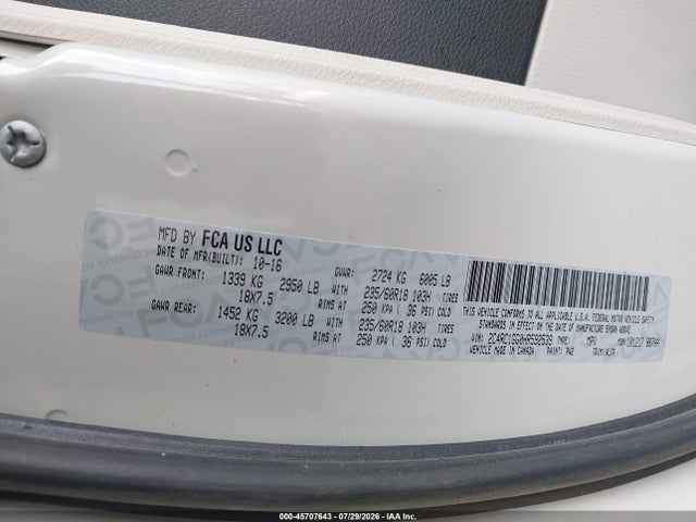 2017 Chrysler Pacifica Limited მანქანა იყიდება აუქციონზე, vin: 2C4RC1GG0HR592539, აუქციონის ნომერი: 45707643