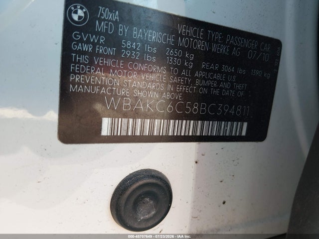 Продаж на аукціоні авто 2011 Bmw 750i Xdrive, vin: WBAKC6C58BC394811, номер лоту: 45707649