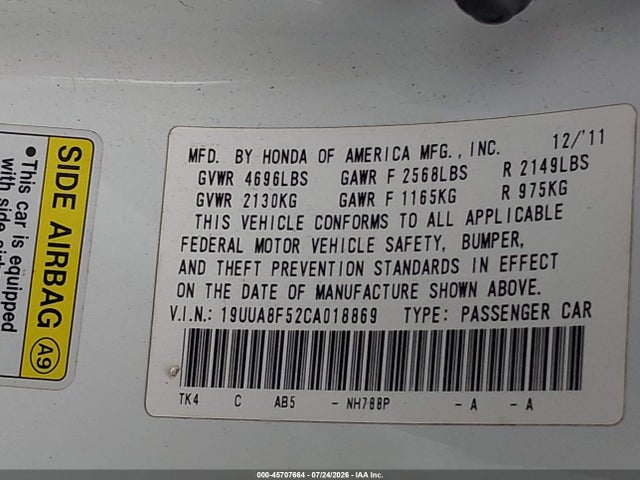 45707664 :رقم المزاد ، 19UUA8F52CA018869 vin ، 2012 Acura Tl 3.5 مزاد بيع