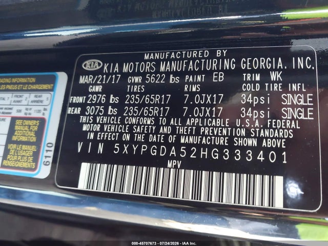 KIA Sorento 3.3l Lx 2017 5XYPGDA52HG333401 Image 9