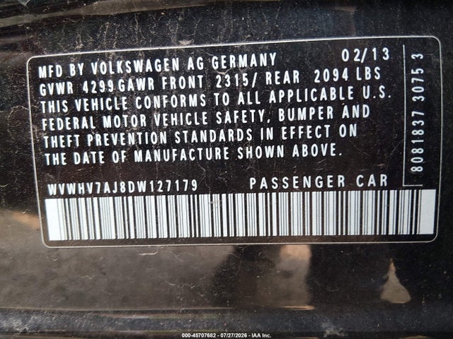 Aukcja sprzedaży 2013 Volkswagen Gti Wolfsburg Edition, vin: WVWHV7AJ8DW127179, numer aukcji: 45707682