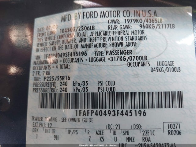 45707690 :رقم المزاد ، 1FAFP40493F445196 vin ، 2003 Ford Mustang مزاد بيع