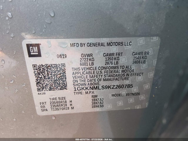 Продаж на аукціоні авто 2019 Gmc Acadia Slt-1, vin: 1GKKNMLS9KZ260785, номер лоту: 45707704