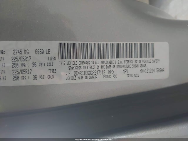 45707710 :رقم المزاد ، 2C4RC1BGXGR247119 vin ، 2016 Chrysler Town & Country Touring مزاد بيع