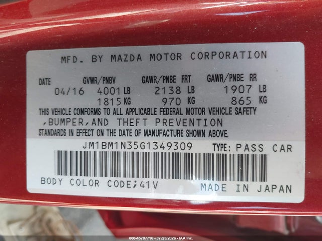 Aukcja sprzedaży 2016 Mazda Mazda3 S Grand Touring, vin: JM1BM1N35G1349309, numer aukcji: 45707716