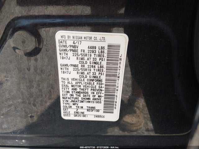 Aukcja sprzedaży 2017 Nissan Rogue Sl, vin: JN8AT2MT1HW151955, numer aukcji: 45707735