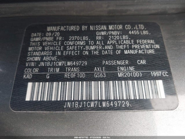 2020 Nissan Rogue Sport Sv Awd Xtronic Cvt მანქანა იყიდება აუქციონზე, vin: JN1BJ1CW7LW649729, აუქციონის ნომერი: 45707752