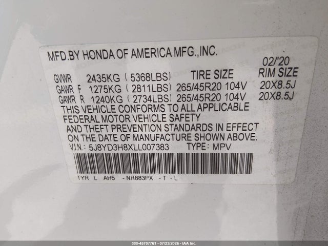 Acura Mdx Advance Package 2020 5J8YD3H8XLL007383 Image 9