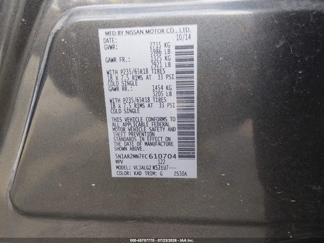 Продажа на аукционе авто 2015 Nissan Pathfinder Sl, vin: 5N1AR2MN7FC610704, номер лота: 45707770