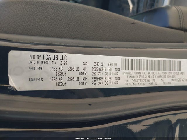 45707783 :رقم المزاد ، 1C4RDJFG6LC261352 vin ، 2020 Dodge Durango Pursuit Awd مزاد بيع