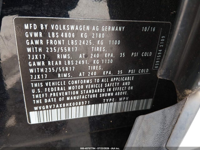 Продажа на аукционе авто 2017 Volkswagen Tiguan 2.0t Wolfsburg Edition, vin: WVGRV7AX8HK008971, номер лота: 45707794