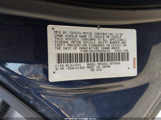 45707799 :رقم المزاد ، JT8BF28G0X5065219 vin ، 1999 Lexus Es 300 مزاد بيع