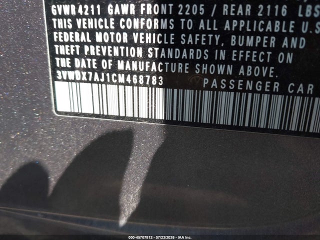Продаж на аукціоні авто 2012 Volkswagen Jetta 2.5l Se, vin: 3VWDX7AJ1CM468783, номер лоту: 45707812