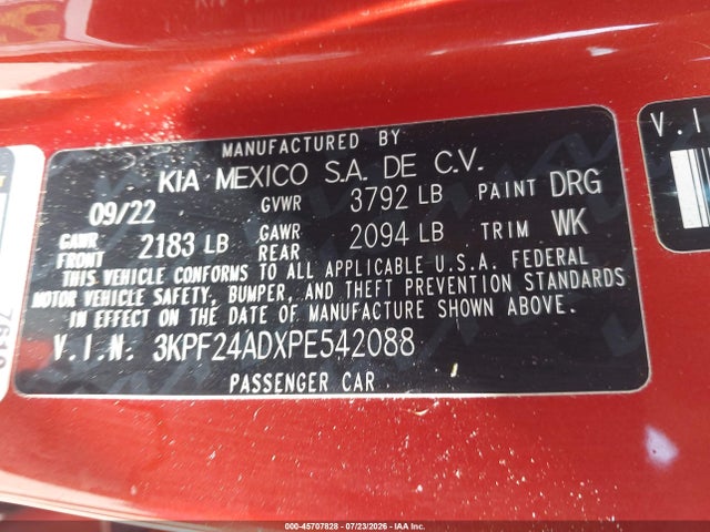 45707828 :رقم المزاد ، 3KPF24ADXPE542088 vin ، 2023 Kia Forte Lxs مزاد بيع