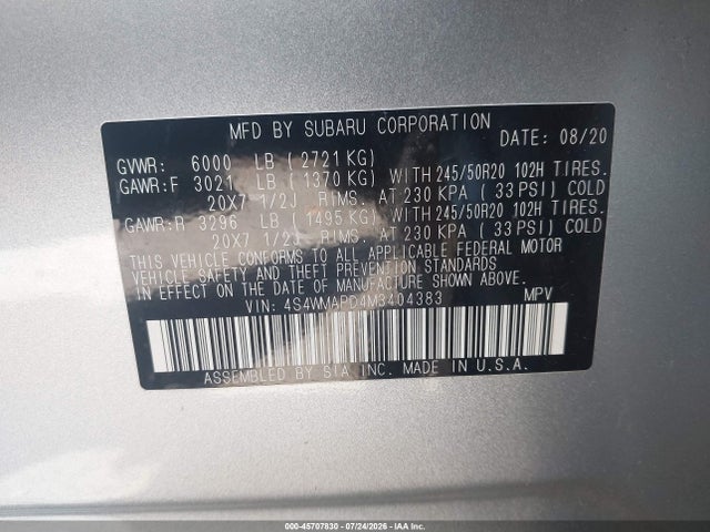 Aukcja sprzedaży 2021 Subaru Ascent Limited, vin: 4S4WMAPD4M3404383, numer aukcji: 45707830