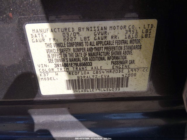 45707856 :رقم المزاد ، 3N1AB61E79L656033 vin ، 2009 Nissan Sentra 2.0s مزاد بيع