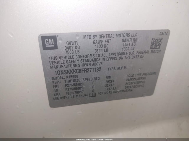 45707860 :رقم المزاد ، 1GNSKKKC8FR271132 vin ، 2015 Chevrolet Suburban Ltz مزاد بيع