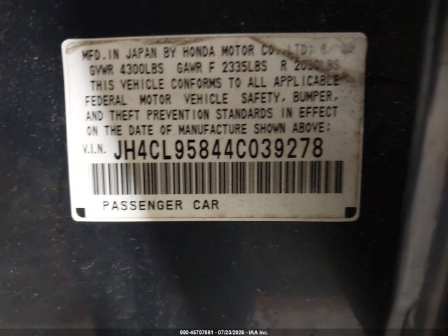 2004 Acura Tsx მანქანა იყიდება აუქციონზე, vin: JH4CL95844C039278, აუქციონის ნომერი: 45707881