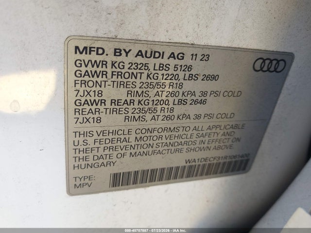 45707887 :رقم المزاد ، WA1DECF31R1061400 vin ، 2024 Audi Q3 Premium 45 Tfsi S Line Quattro Tiptronic مزاد بيع