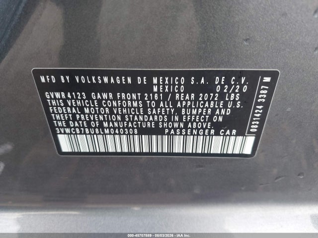 Aukcja sprzedaży 2020 Volkswagen Jetta 1.4t R-line/1.4t S/1.4t Se, vin: 3VWCB7BU8LM040308, numer aukcji: 45707889