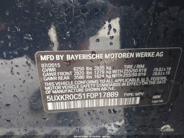 2015 Bmw X5 Xdrive35i მანქანა იყიდება აუქციონზე, vin: 5UXKR0C51F0P17889, აუქციონის ნომერი: 45707890