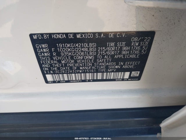 Aukcja sprzedaży 2023 Honda Hr-v Awd Lx, vin: 3CZRZ2H32PM715161, numer aukcji: 45707923
